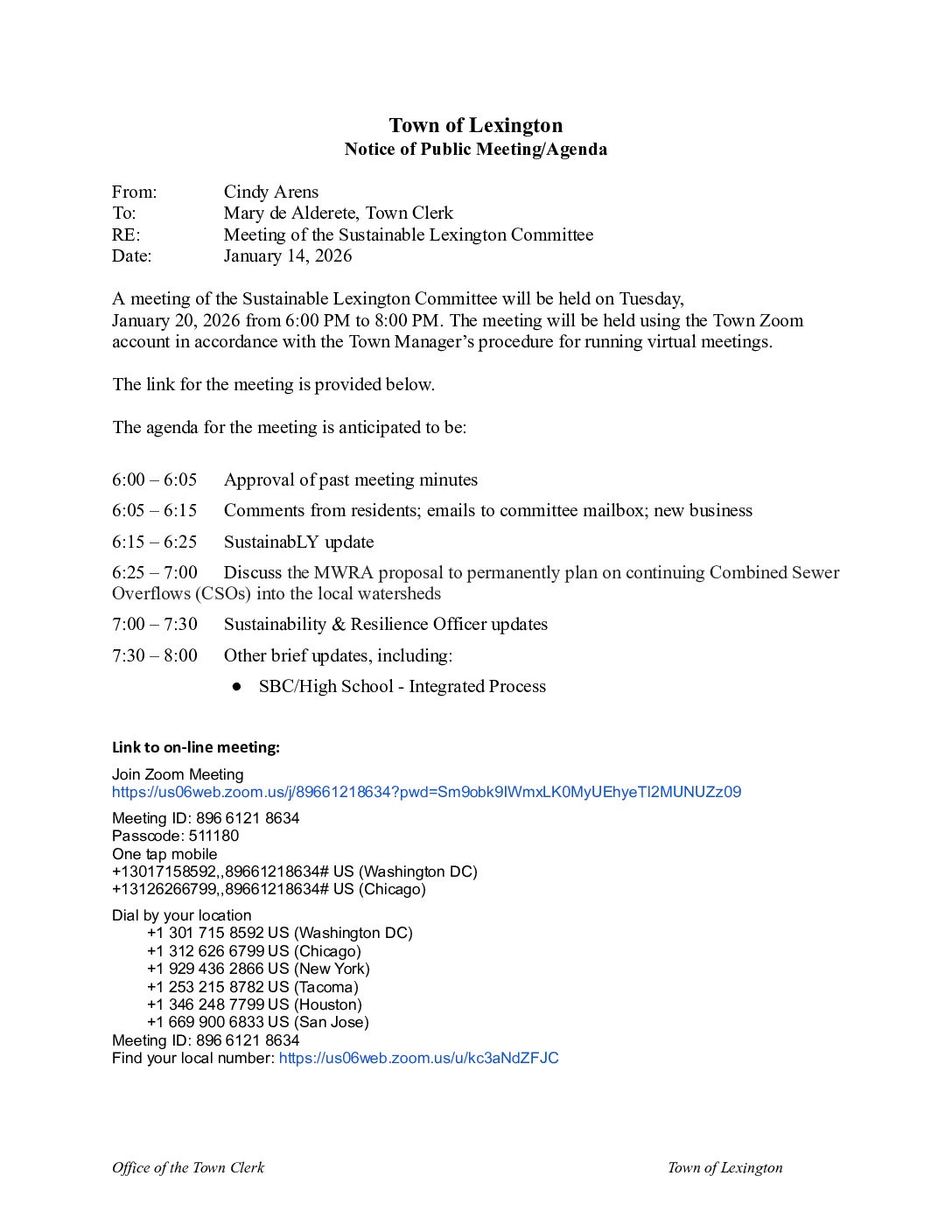 Sustainable Lexington Committee meeting VIRTUAL TUESDAY January 20